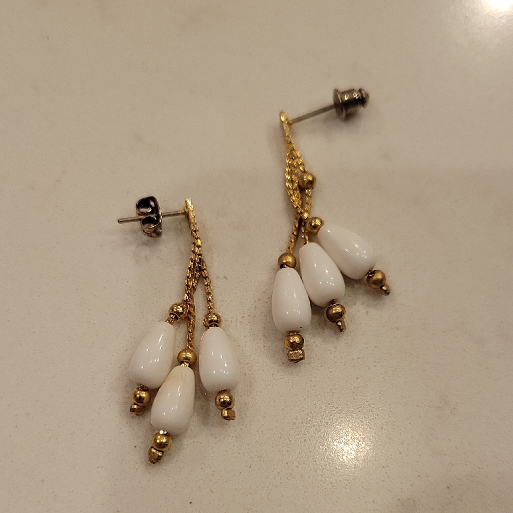 Vintage Gold and White Dangle Earrings